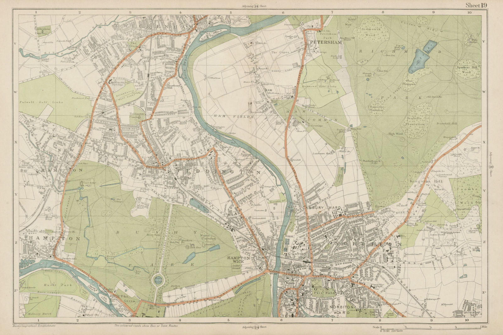 SW LONDON Twickenham Kingston Teddington Hampton Richmond. BACON  1919 old map
